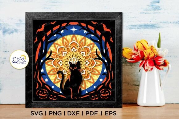 3D Halloween Cat Shadow Box SVG