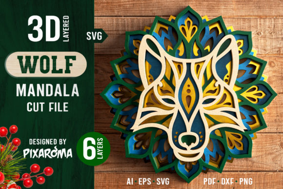 Wolf Mandala 3D Layered SVG Cut File